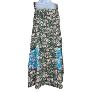 Natural Life Apron Dress Womens L Green Pink Floral Patchwork Pocket Granola New